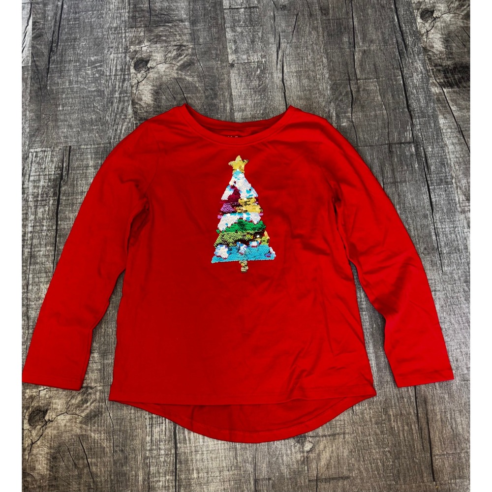 Cat & Jack Girls Red Christmas Tree Sequin Long Sleeve Holiday Tee Shirt L 10/12